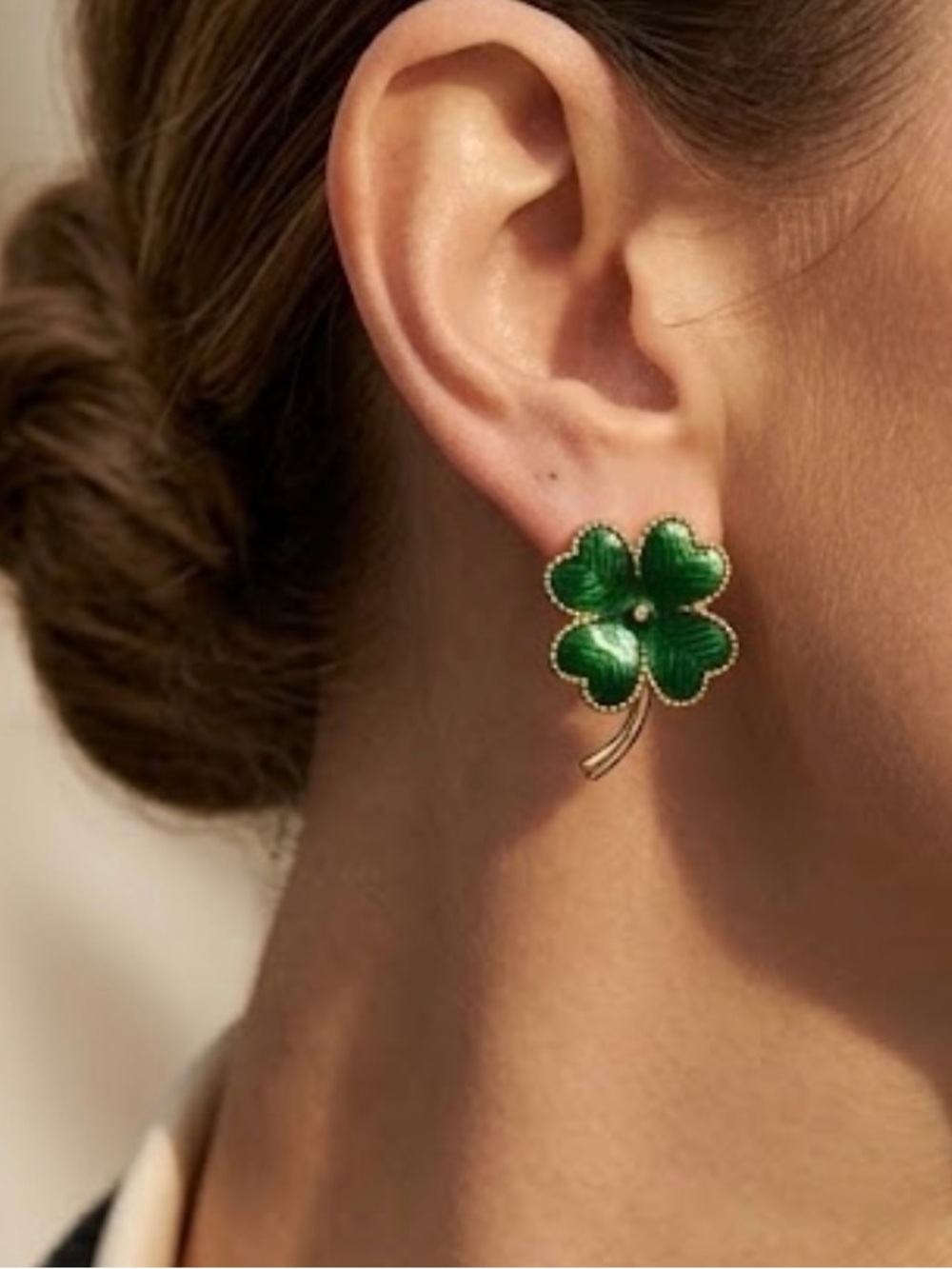 Vintage Shamrock Green Enamel Four-Leaf Clover Clip-On Earrings